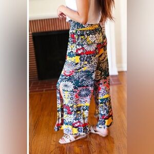 Andthewhy VACAY VIBES TEAL FLORAL SMOCKED WAIST SIDE SLIT PALAZZO PANTS